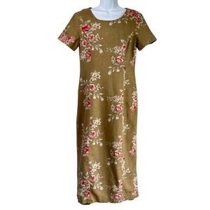 Vintage Rose Bouquet Linen Blend‎ Midi Sheath Dress Taupe Size 10 Cottage Church